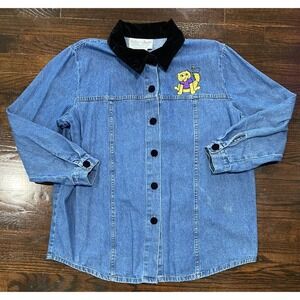 Delta Burke Collection Button Up Denim Jacket Women's XL Embroidered Cats Velvet